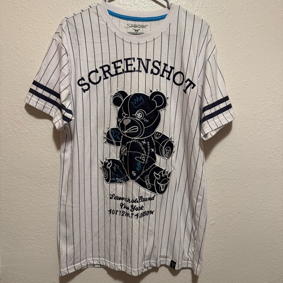 Screenshot Other - Screenshot Pinstripe Baseball Fashion T-shirt With Bear Appliqué & Embroidery XL